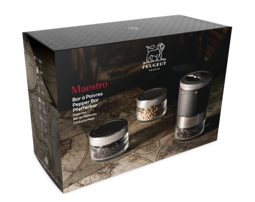 Set mit Pfeffermühle, 2 Gläsern und 3 Pfeffersorten, 11 cm, Maestro - Peugeot