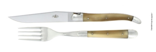 Bratmesser und -gabel, Set 2 Stück, Griff aus hellem Horn - Forge de Laguiole