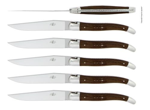 Sechs Messer, Griff aus versteinerter Eiche, poliert, Tradition - Forge de Laguiole