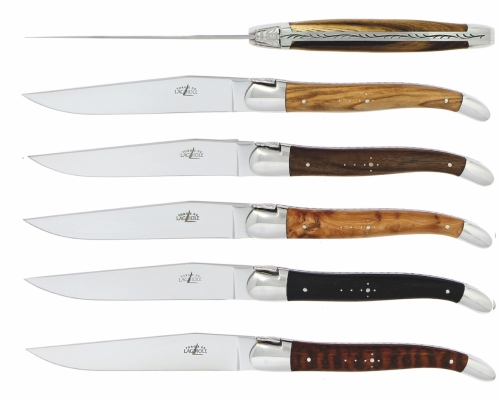 Sechs Messer, Griffe aus verschiedenen Harthölzern, poliert, Tradition - Forge de Laguiole
