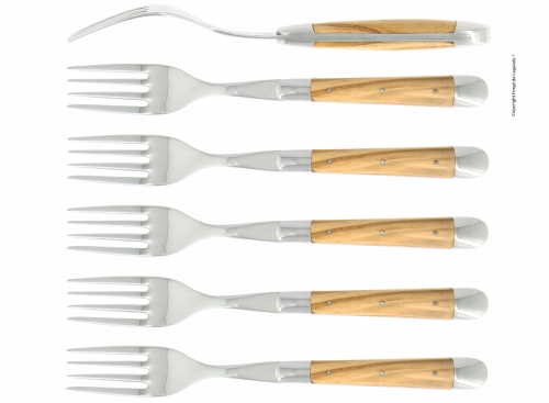 Sechs Gabeln, Griff aus Olivenholz, poliert, Tradition - Forge de Laguiole