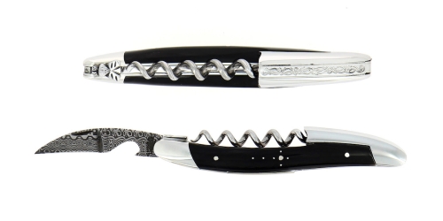 Sommeliermesser aus dunklem Horn, damasziert mit Dekoration, Kollektion - Forge de Laguiole