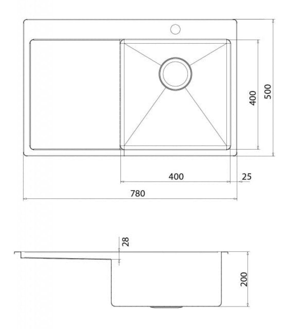 Edelstahlspüle 400x400x200 mm mit Ablage links