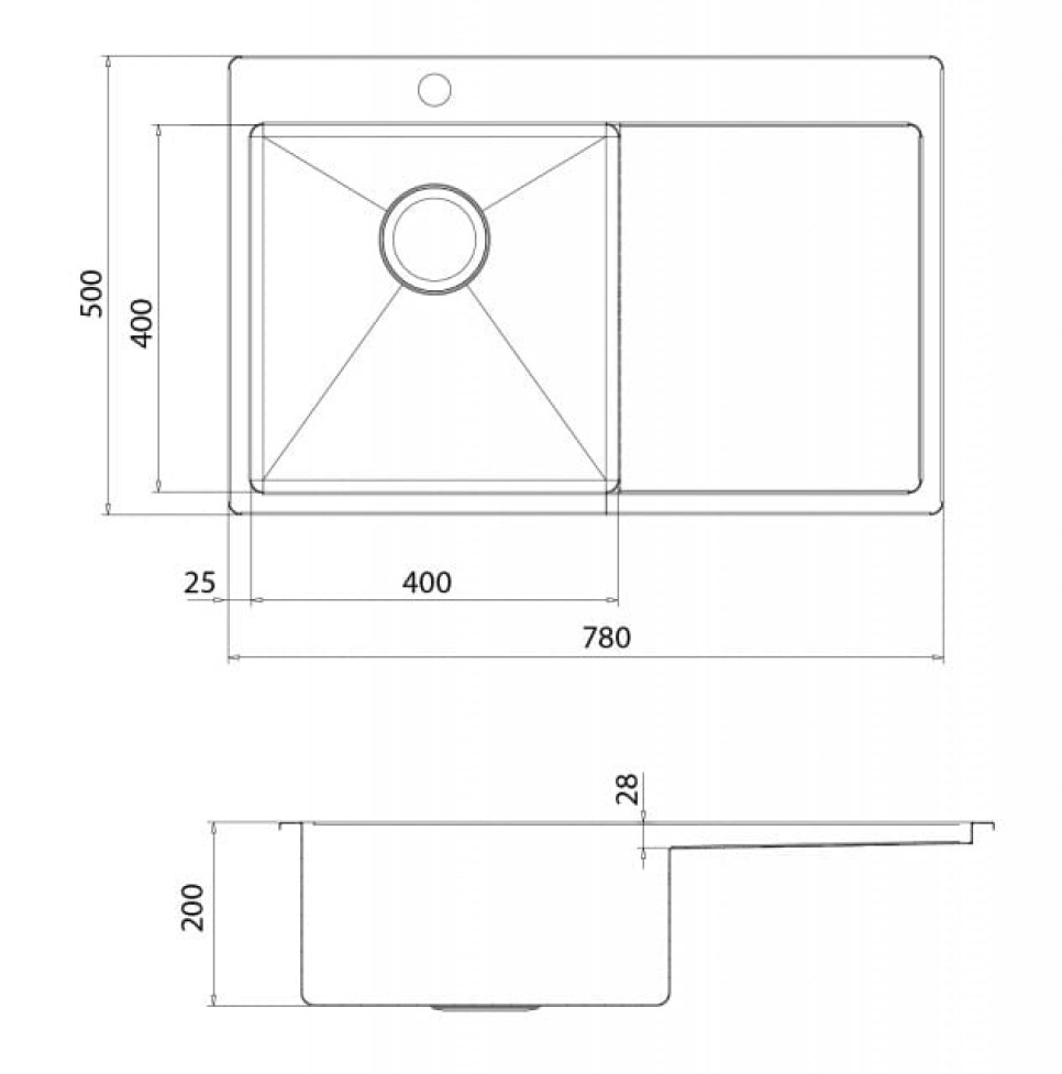 Edelstahlspüle 780 x 500 mm mit Ablage rechts