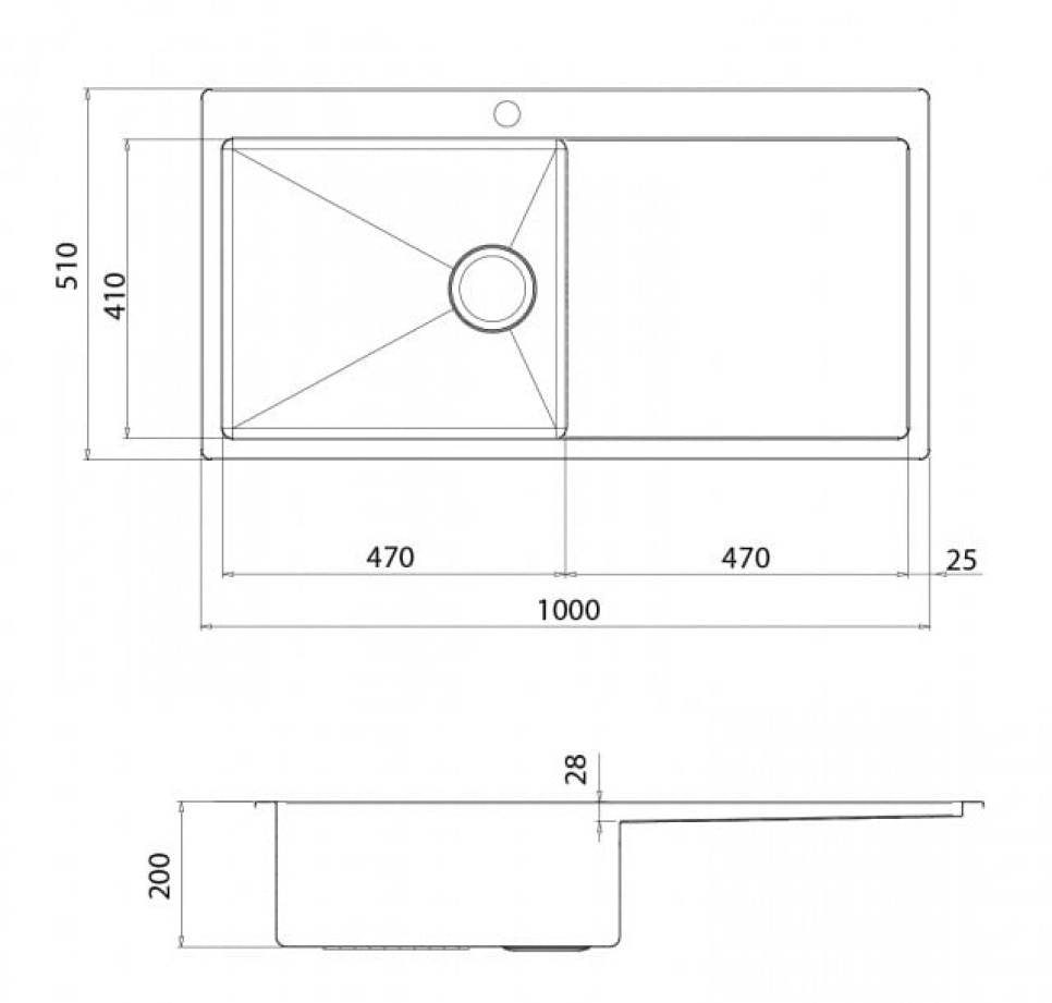 Edelstahlspüle 1000 x 510 mm mit Ablage rechts