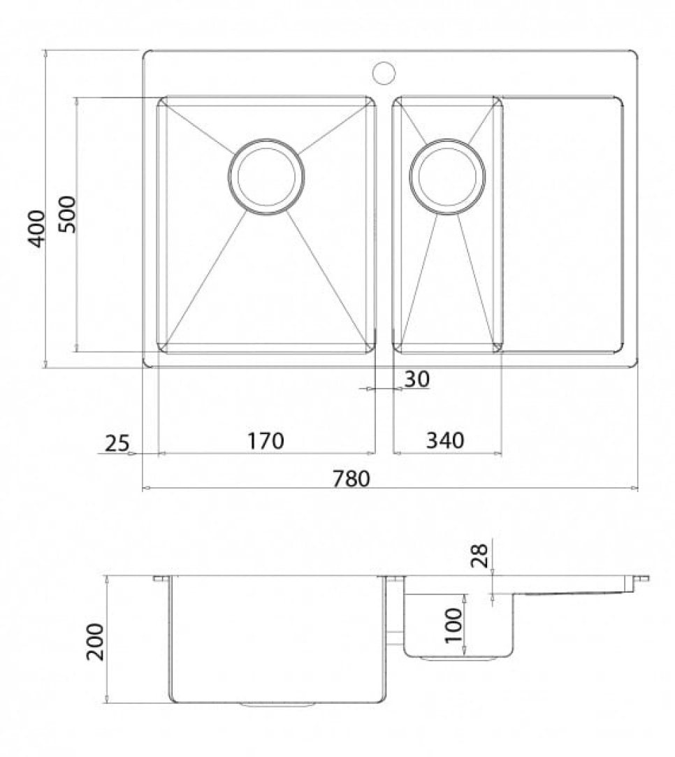 Edelstahl-Doppelspüle 780 x 500 mm mit Ablage rechts