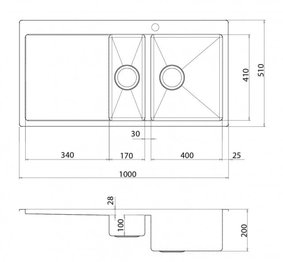 Edelstahl-Doppelspüle 1000 x 510 mm mit Ablage links