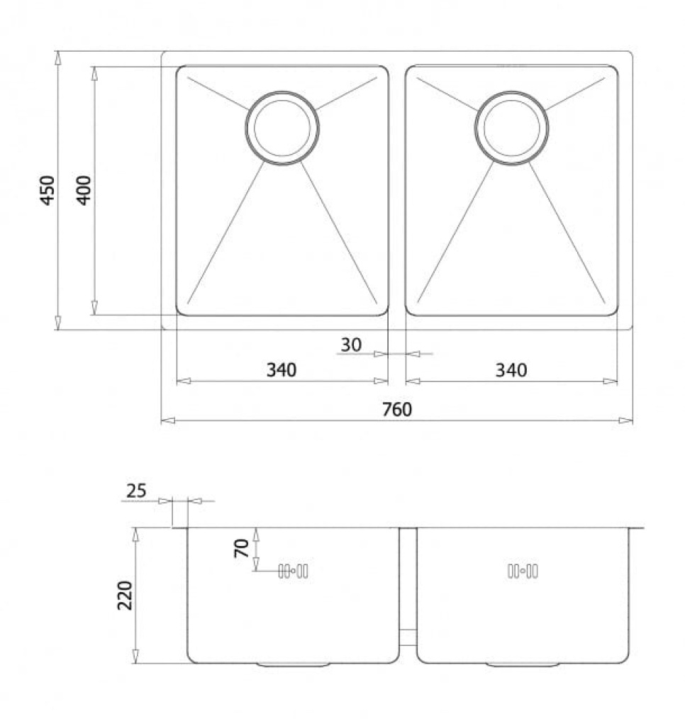 Edelstahl-Doppelspüle 760 x 450 mm