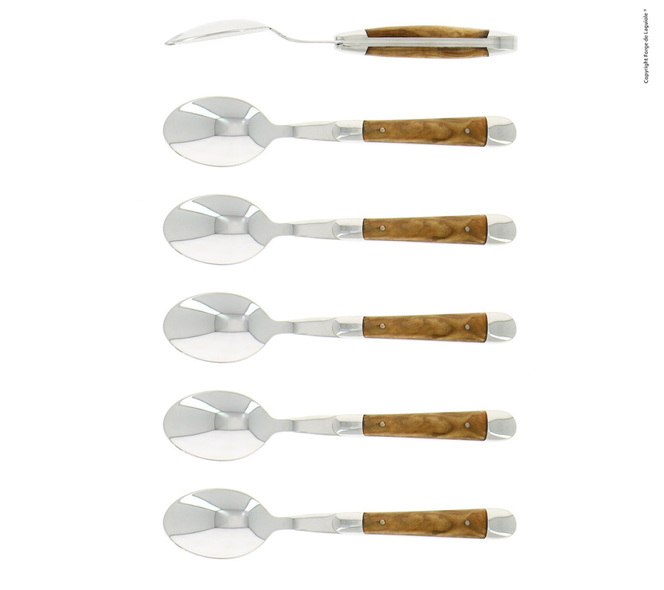 Sechs Dessertlöffel, Griff aus Olivenholz, poliert, Tradition - Forge de Laguiole in der Gruppe Tischgedeck / Besteck / Löffel bei The Kitchen Lab (1446-32907)