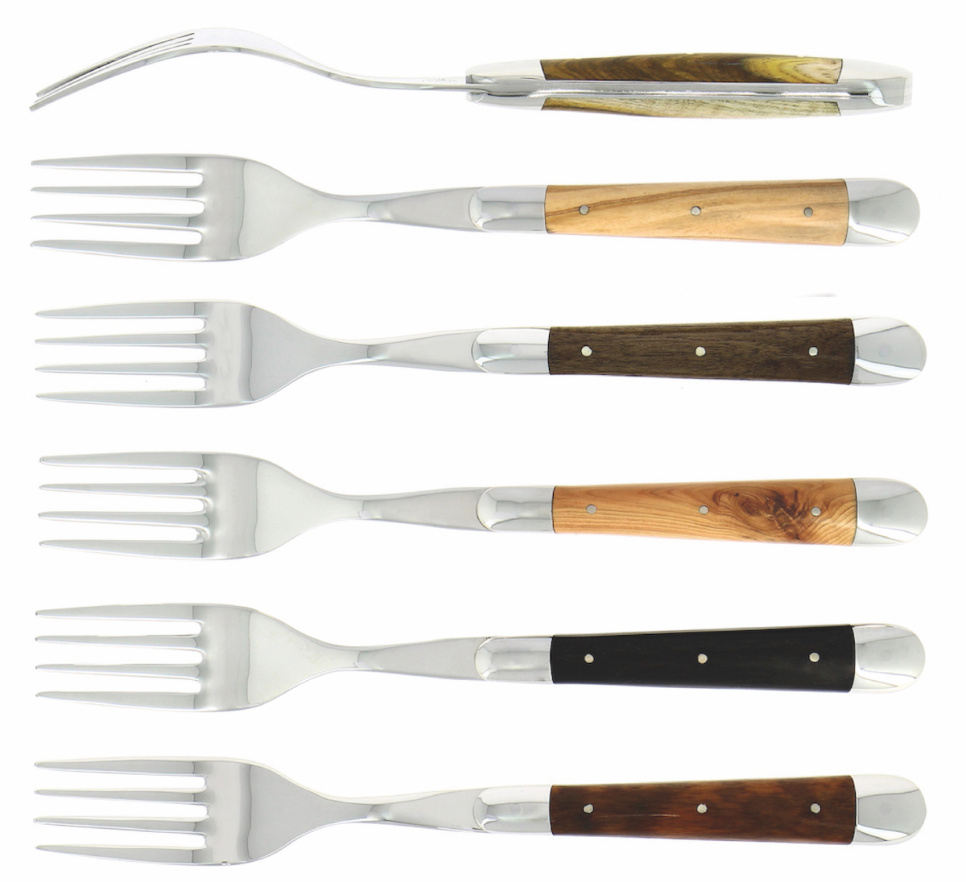 Sechs Gabeln, Griffe aus verschiedenen Hartholzsorten, poliert, Tradition - Forge de Laguiole in der Gruppe Tischgedeck / Besteck / Gabeln bei The Kitchen Lab (1446-32929)