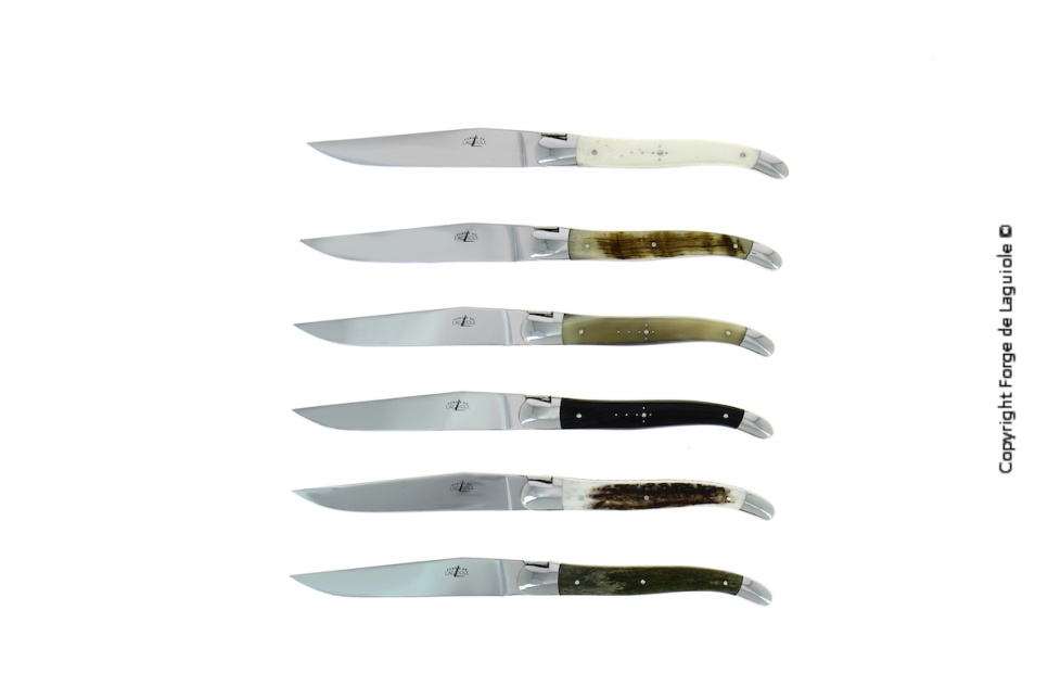 Sechs Messer, Griffe aus verschiedenen Tiermaterialien, poliert, Tradition - Forge de Laguiole in der Gruppe Tischgedeck / Besteck / Messer bei The Kitchen Lab (1446-32983)