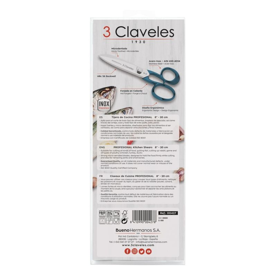 Professionelle Küchenschere aus Edelstahl, Blau - 3 Claveles