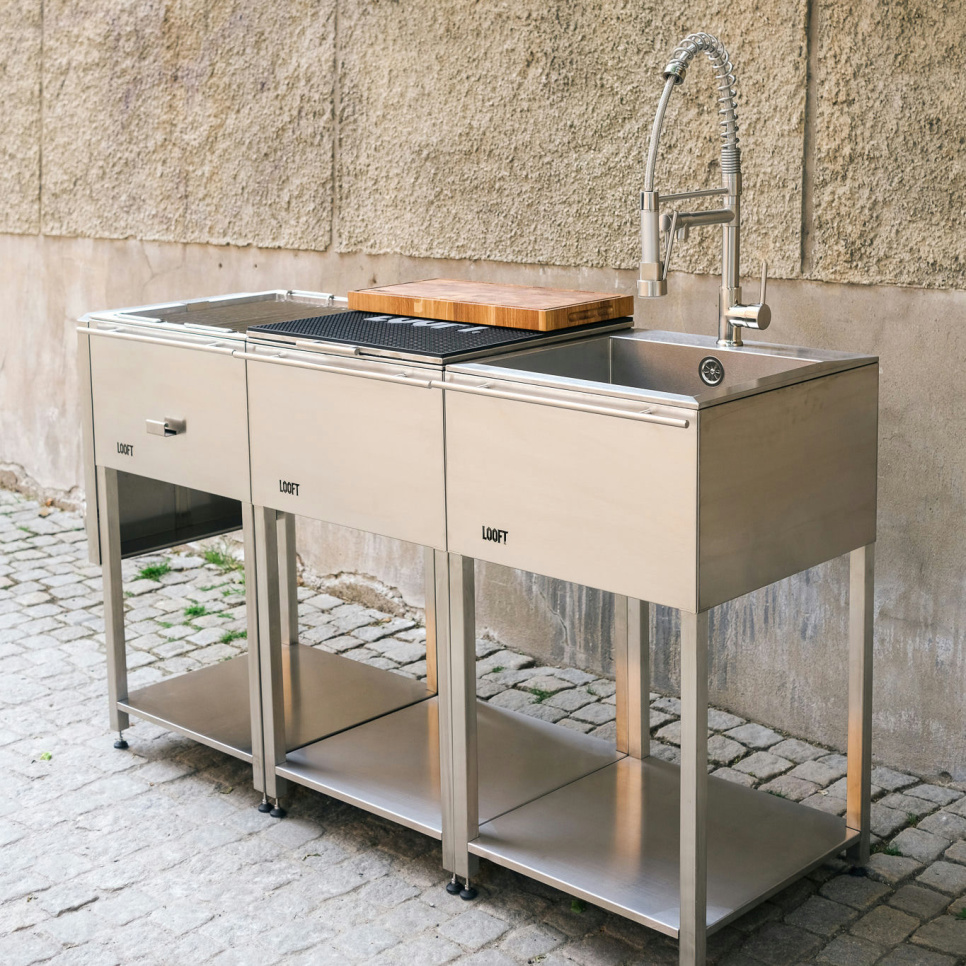 Außenküche, komplett mit Holzkohlegrill, Arbeitsfläche & Spüle – Looft